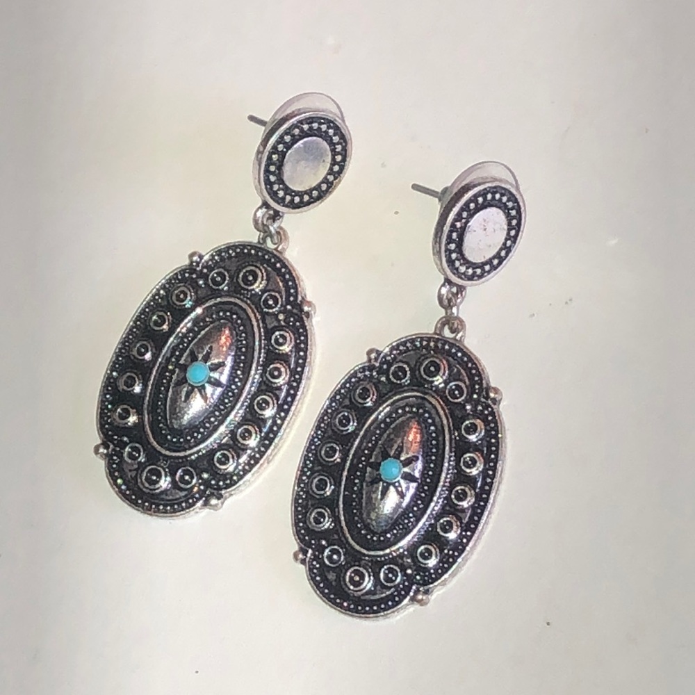 Silver Tone Oval Drop Earrings with Turquoise Color Accent - Picture 2 of 4